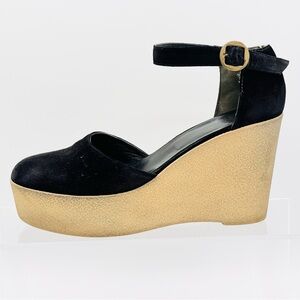 Robert Clergerie Black Suede and Tan Wedge Sandals with Ankle Strap